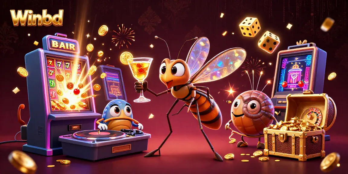 Winbd Casino mascot scene with a vibrant slot machine and golden roulette wheel