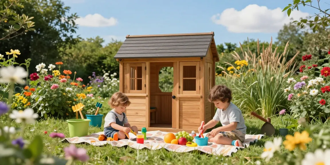 Children's wooden playhouses in a lively garden setting encouraging imaginative play.