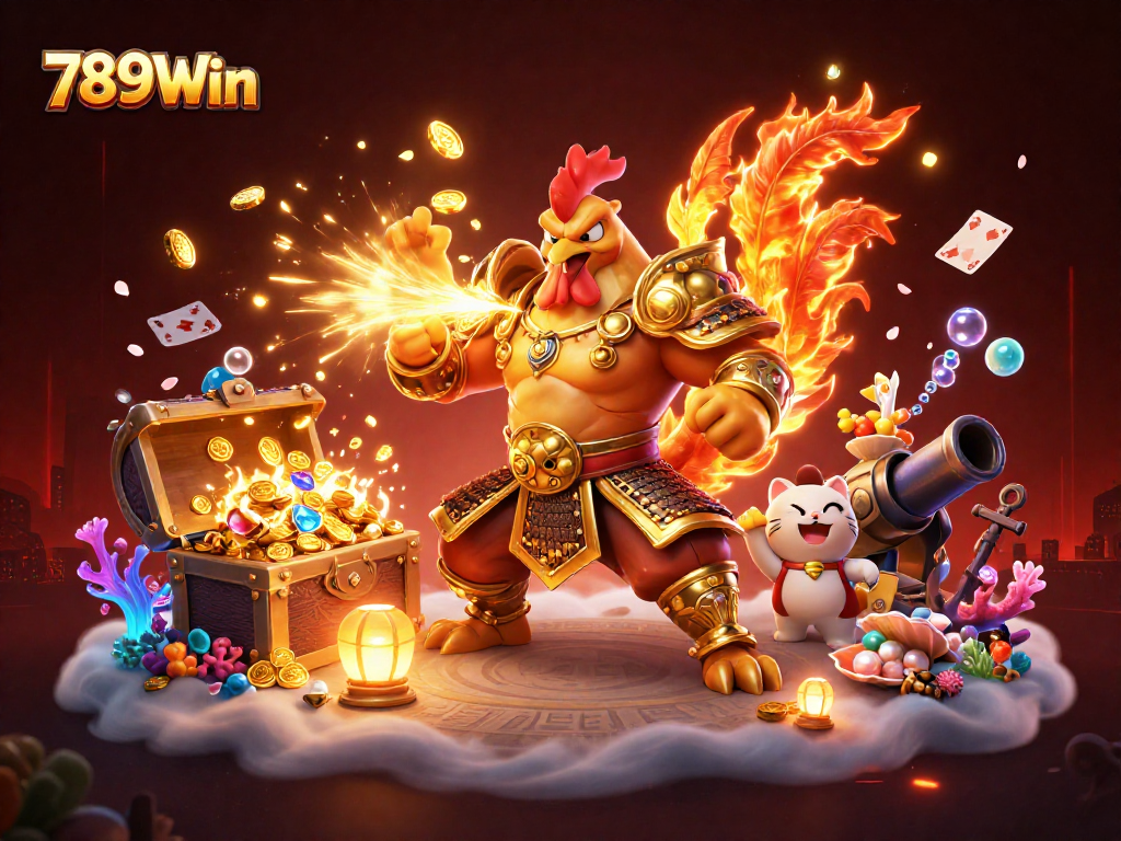 Experience thrilling gaming with 789Win as a cartoon rooster warrior battles alongside a dragon.