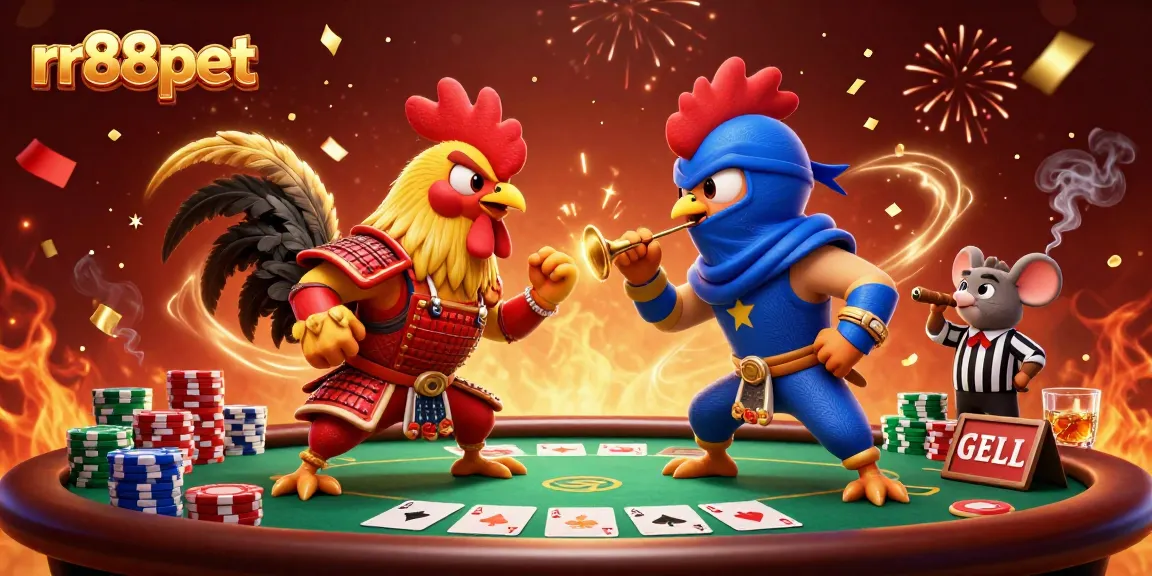 Experience the thrill of rr88pet as cartoon roosters battle amidst a vibrant casino scene.