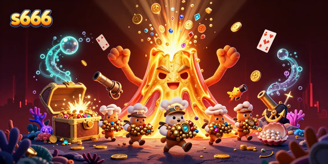 Experience thrilling gameplay with s666, featuring a golden volcano erupting treasure and animated characters.
