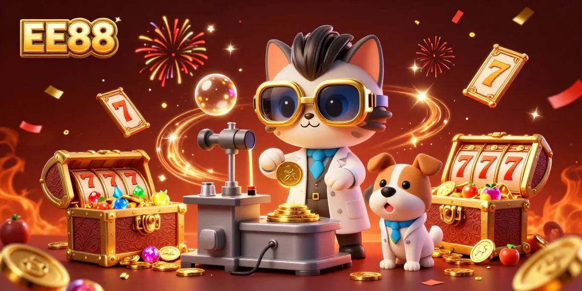 Experience the thrill at EE88 with a vibrant casino scene featuring a mad scientist cat and loyal dog, surrounded by slot reels and treasures.