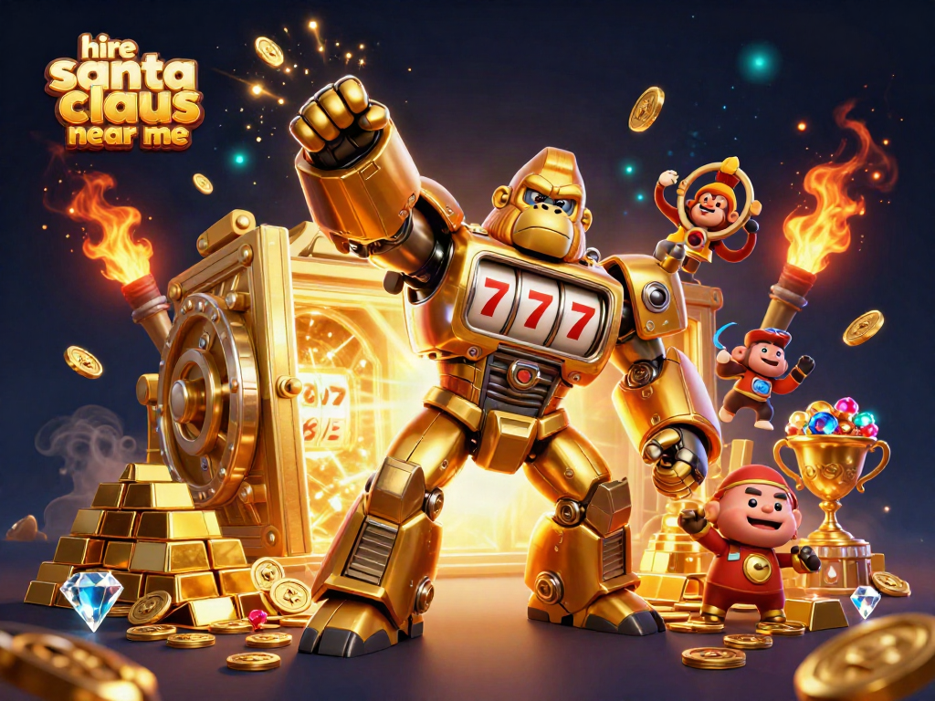Experience the excitement of hiring Santa Claus near me with a vibrant casino-themed explosion of gold and gems.