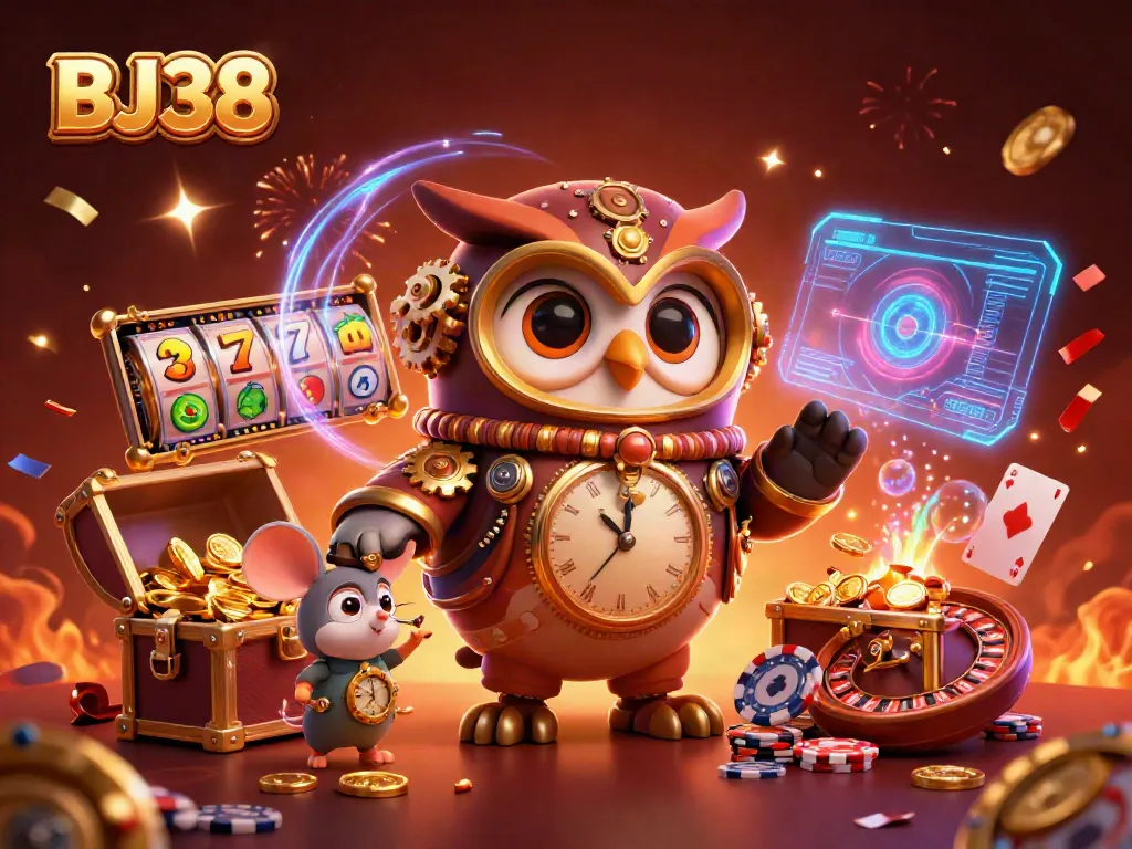 BJ38 showcases a vibrant casino scene with a time-traveler owl, slot reels, and golden treasures.
