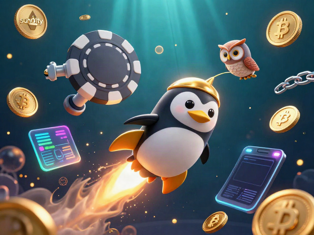 Experience the thrill of suncity with a dynamic 3D illustration featuring a golden penguin in a casino space adventure.
