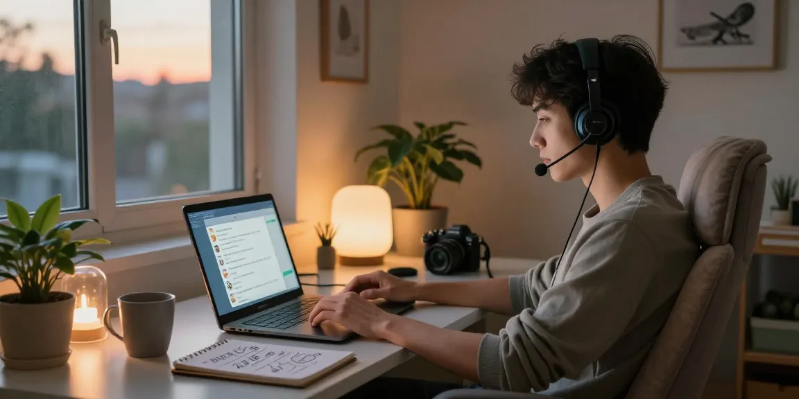 Engaged in an AI chat NSFW experience in a cozy home office.