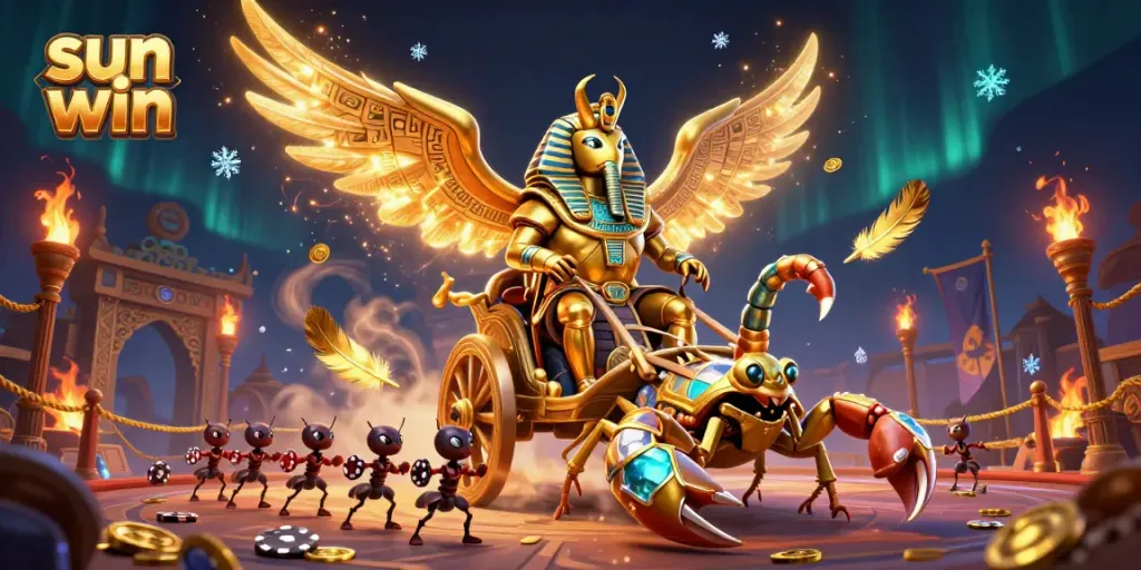 Engage with thrilling action in the sun win casino, with vibrant beetles and scorpions amidst golden tokens and chips.