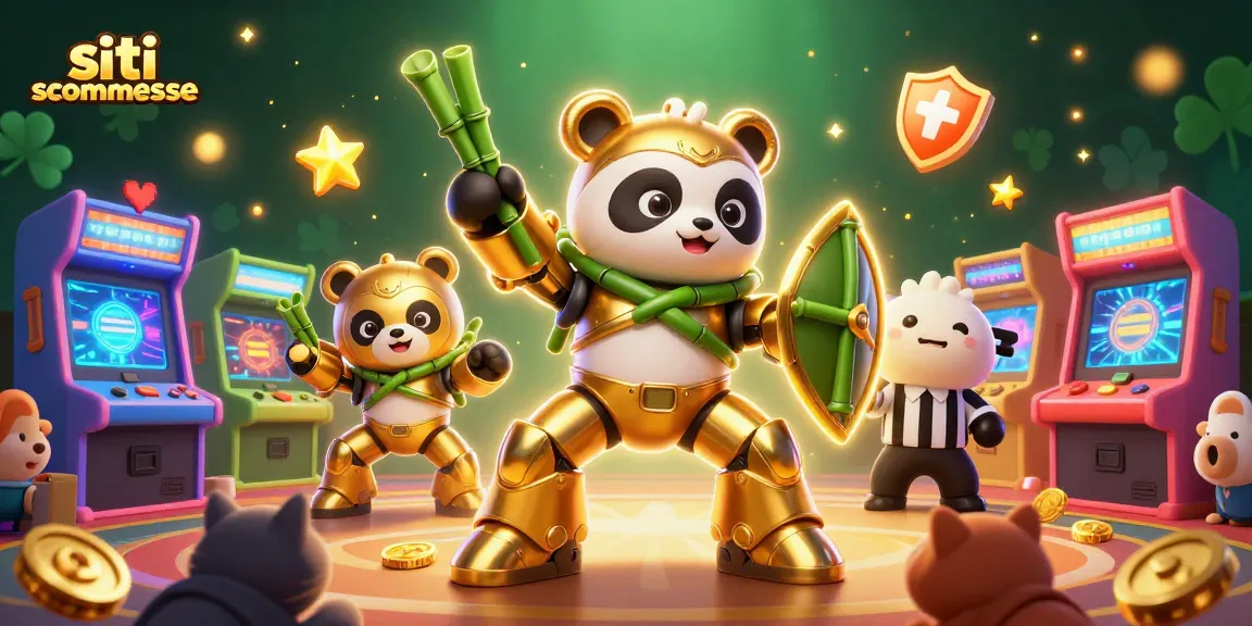 Giocando a siti scommesse, un panda d'oro in un robot da combattimento nella scena animata del casinò.