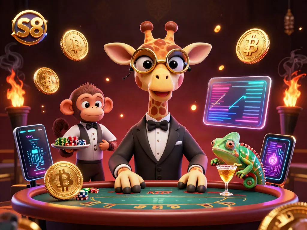 Join the action at S8 Casino with giraffe high-roller at the poker table, showcasing vibrant gaming elements.