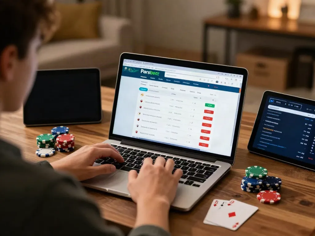 Online bahis deneyimi için oturan kullanıcı, masa üzerinde Parsbet arayüzü ve bahis seçenekleriyle görünür.