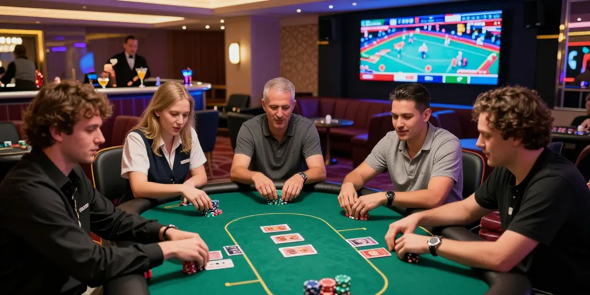 Experience the excitement of rokok88 in a vibrant casino gaming lounge with players at a poker table.