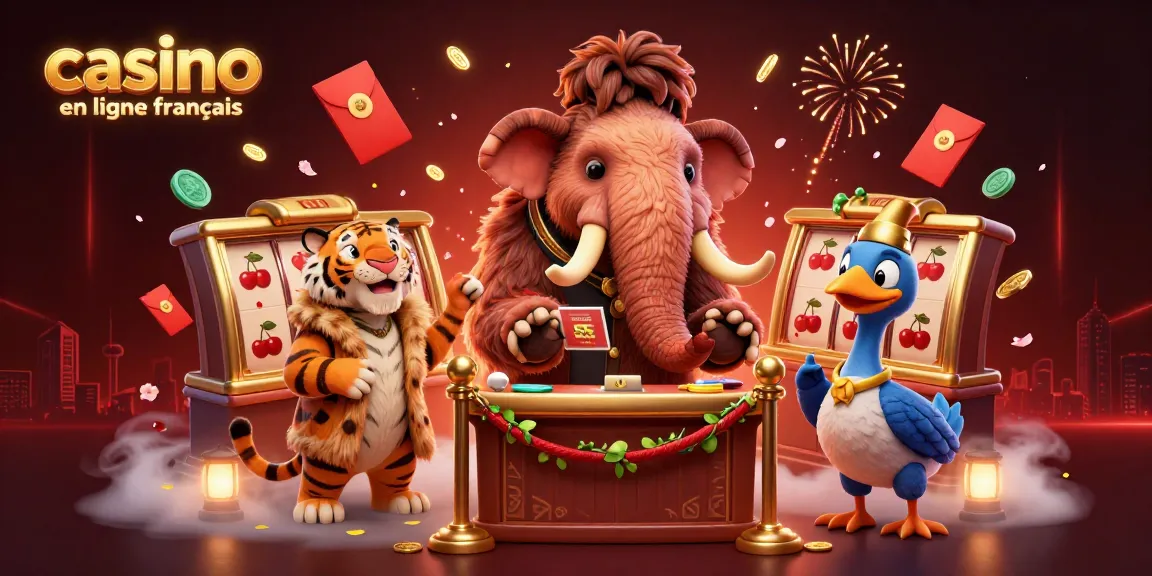 Jouez au casino en ligne français avec une illustration dynamique d'animaux de casino animés et des éléments de jeu éblouissants.
