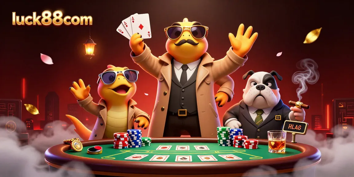 Engage with the luck88com casino adventure featuring raptors in disguise attempting VIP entry surrounded by colorful poker elements.