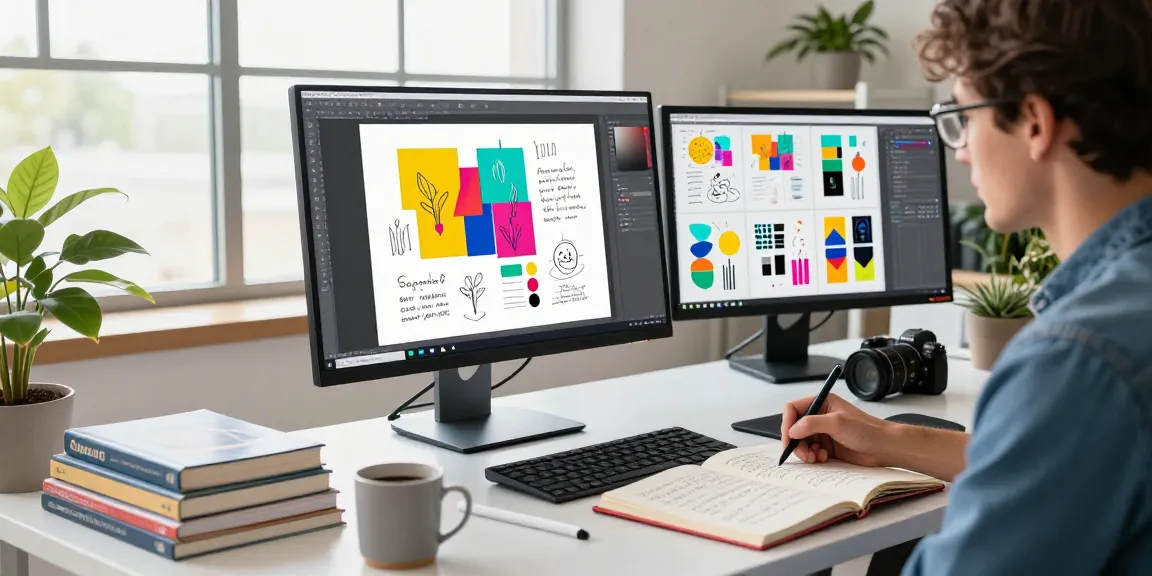 Graphic designer using an AI image generator on a modern workspace, surrounded by design sketches and colorful elements.