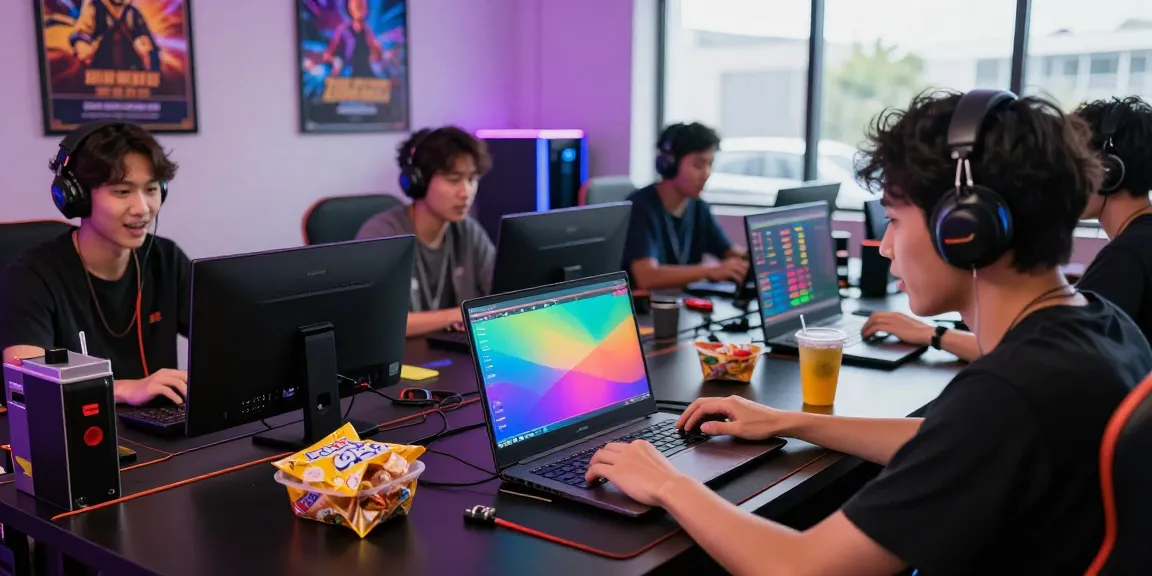 Dynamic togel online gaming experience with players engaged at laptops.