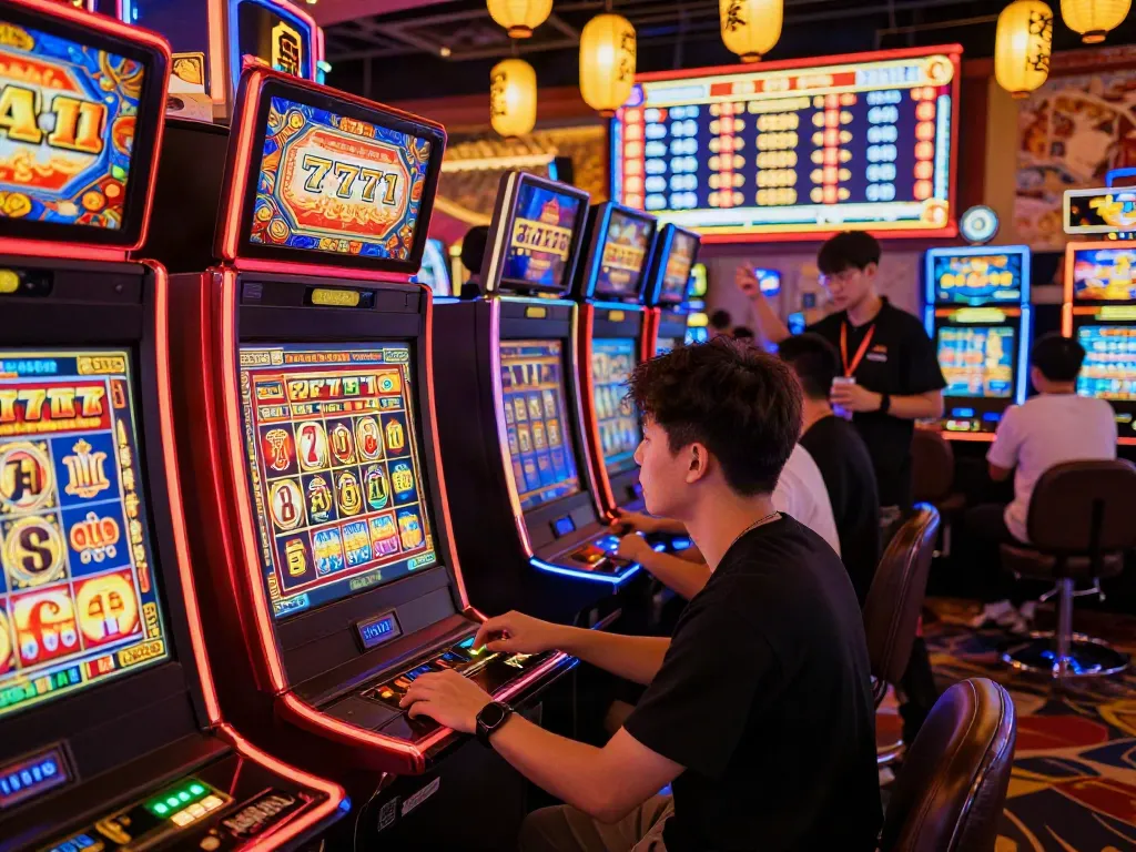 Permainan slot777 di kasino Asia yang mencolok dan berenergi tinggi dengan mesin slot bercahaya.