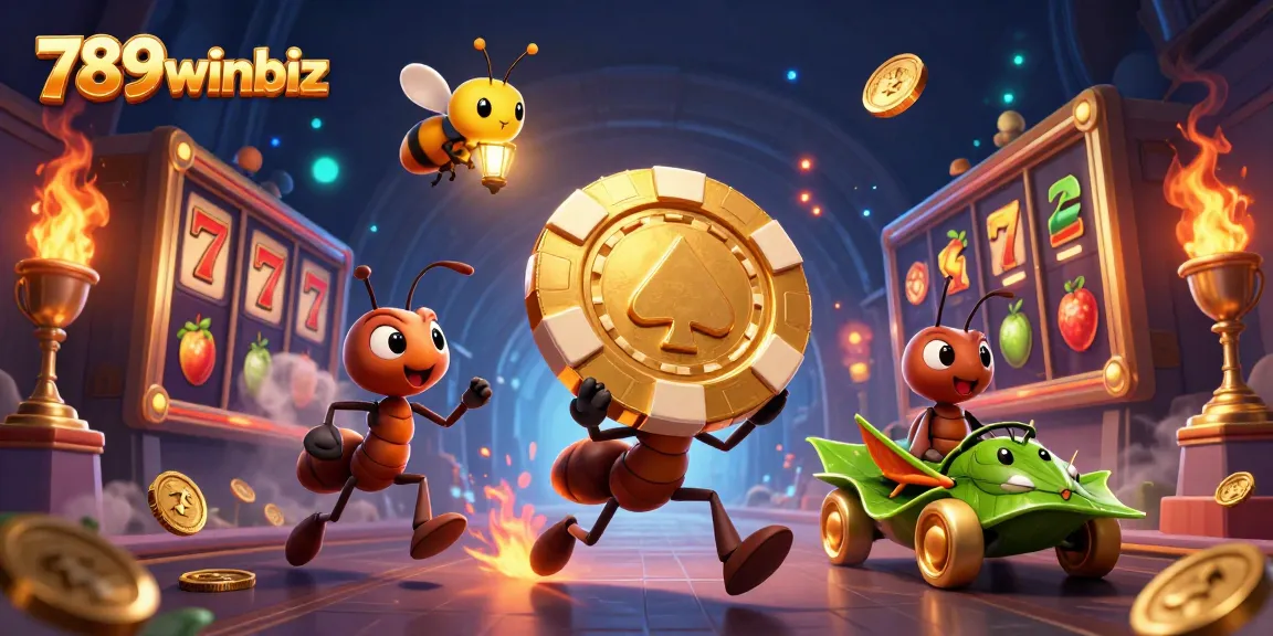 Experience thrilling gaming action with 789winbiz as ants heist for golden chips amidst vibrant casino elements.