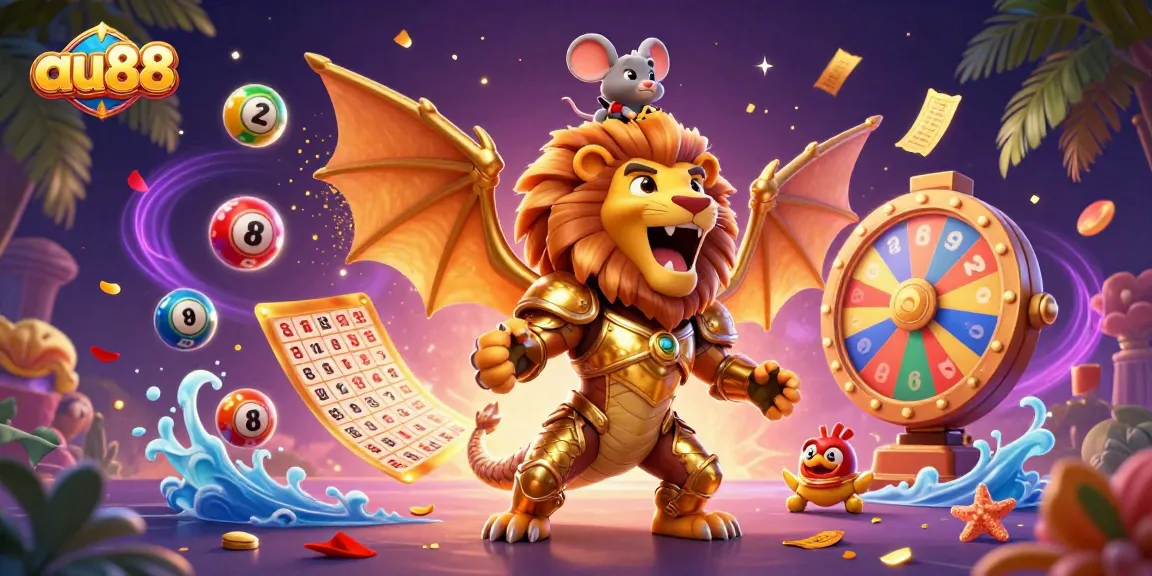 Exciting au88 casino illustration with golden chimera and dynamic game elements illustrating action-packed gambling experience.