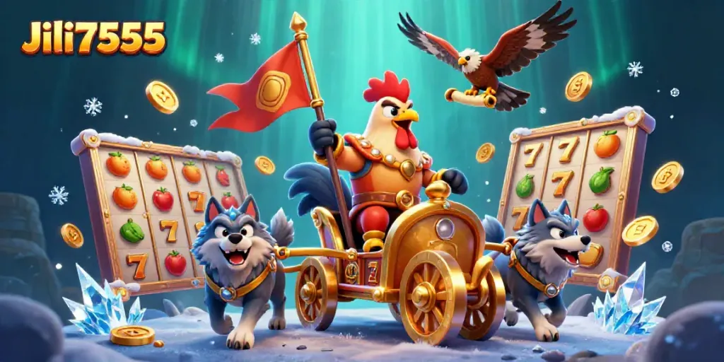 Experience thrilling slots with Jili7555 featuring a rooster warlord and dynamic jackpot elements.