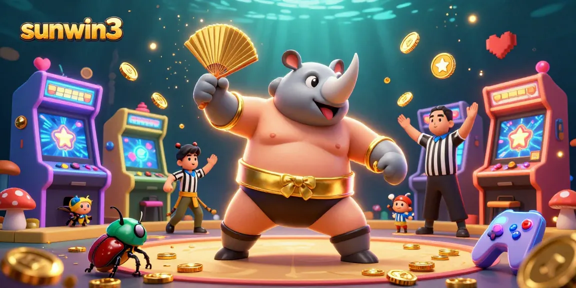 Experience thrilling gameplay at sunwin3 with a vibrant illustration of a sumo beetle champion amidst flying coins