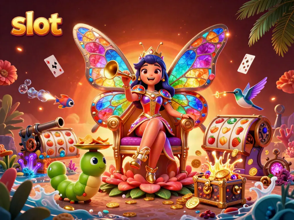 Spin winning slots with vibrant colors, featuring a butterfly queen in a magical casino world.