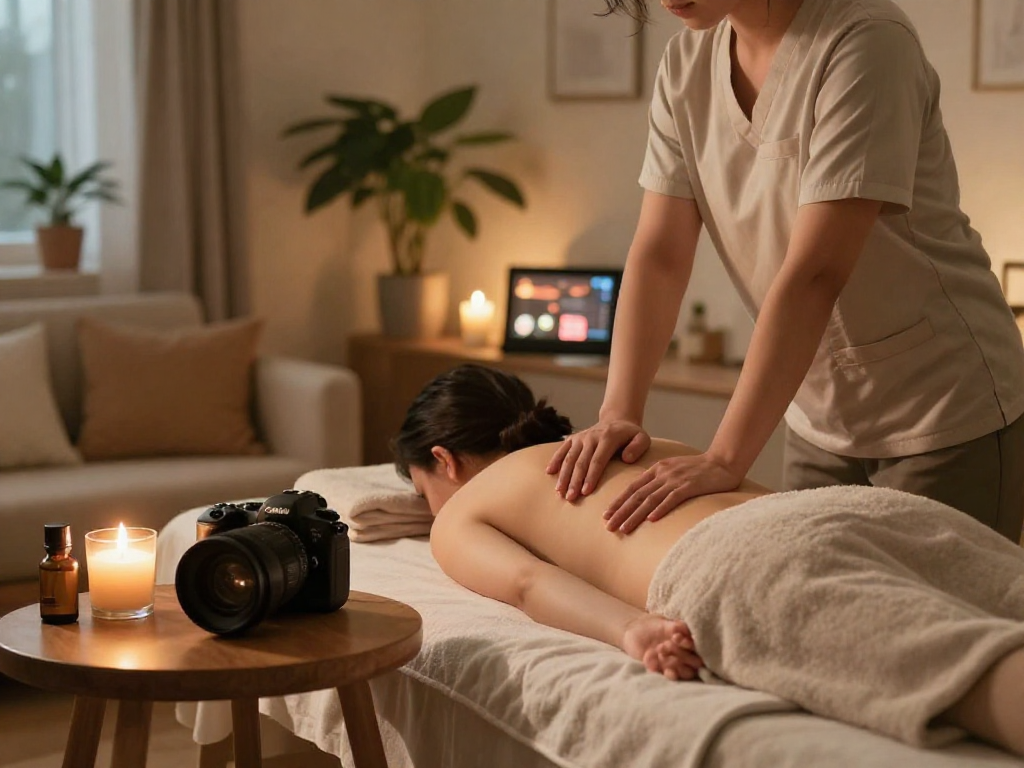 마포출장마사지 session setup with professional therapist, calming atmosphere, wellness.