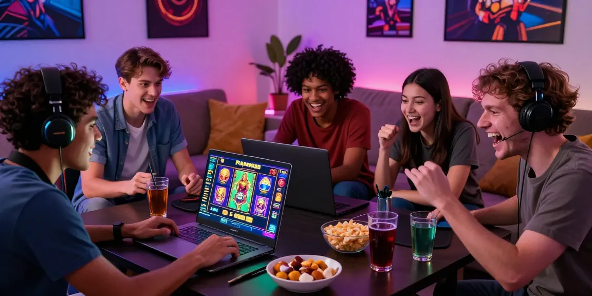 Excited friends engaging with Playbook88 slot games on a laptop amidst snacks and drinks.