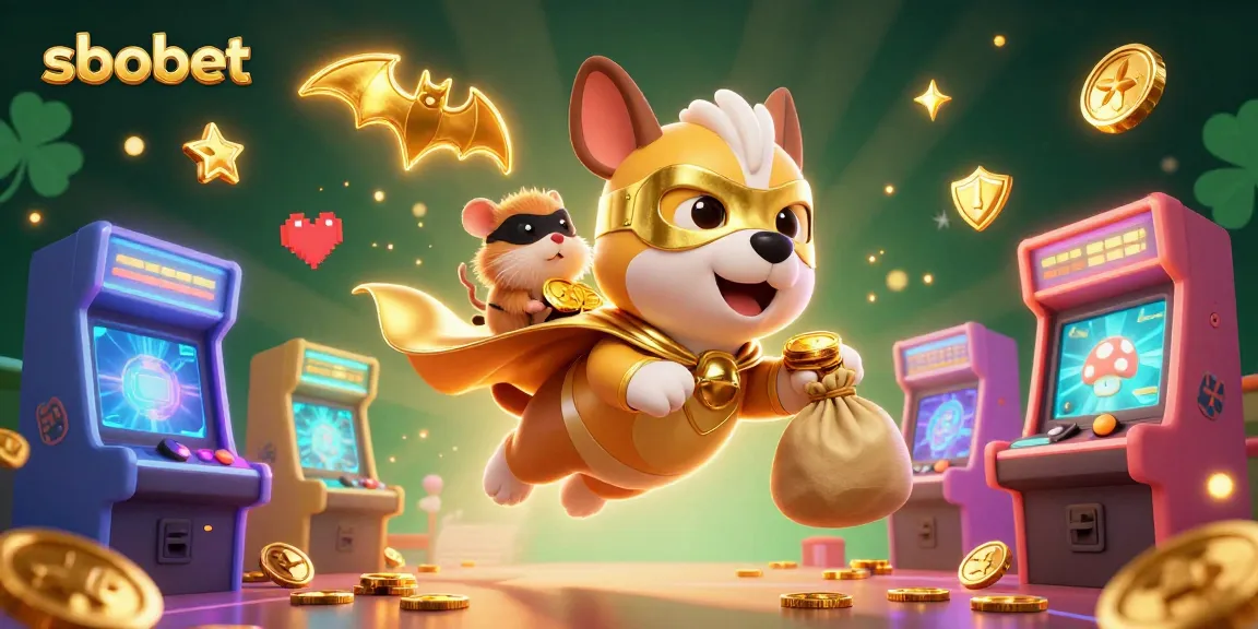 Experience sbobet betting action with a heroic dog flying, gold coins spilling in a vibrant casino scene