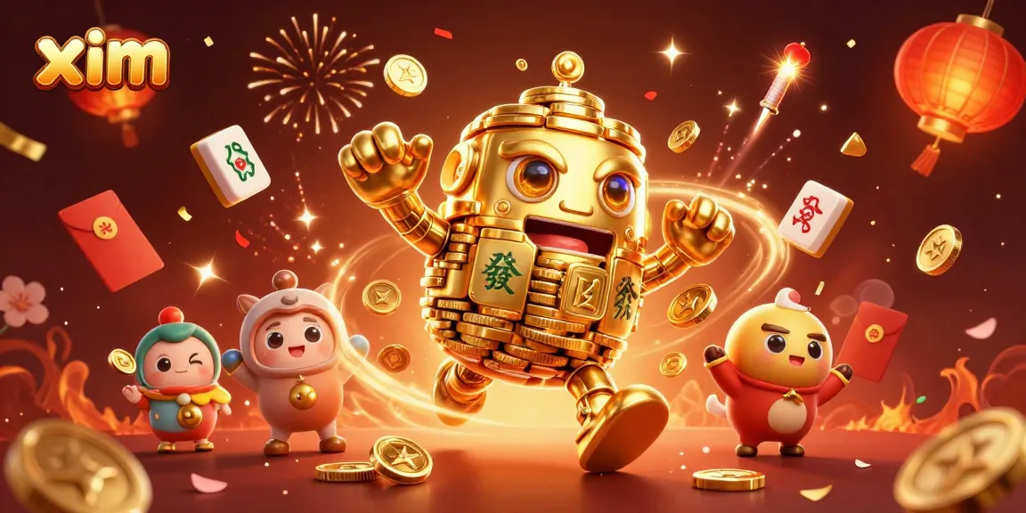 Immerse in the festive vibe of xim, featuring an animated golden golem with slot symbols and mahjong tiles.