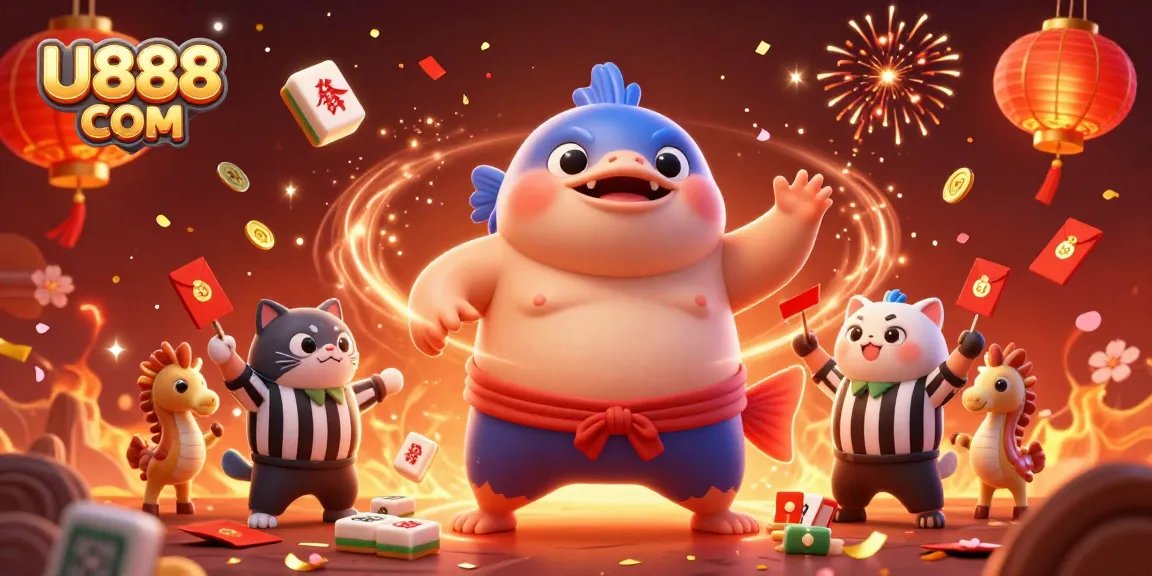 Engage with U888 COM in a lively casino scene featuring a fugu sumo champion and celebratory elements.