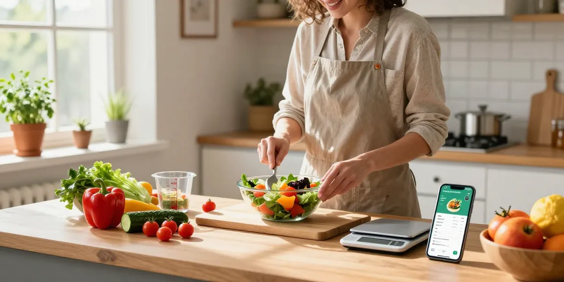 Home cook using the best nutrition app to prepare a healthy salad in a bright kitchen.