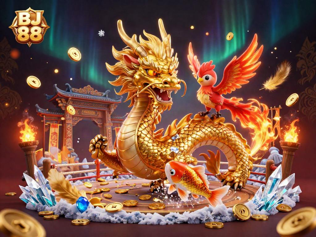 Engage with BJ 88 as a fierce dragon and phoenix dance amidst swirling coins in a vibrant casino scene.