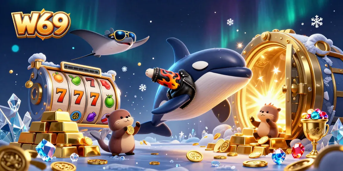 Win big at W69 with a dynamic 3D illustration featuring characters celebrating amidst gold coins and slots.