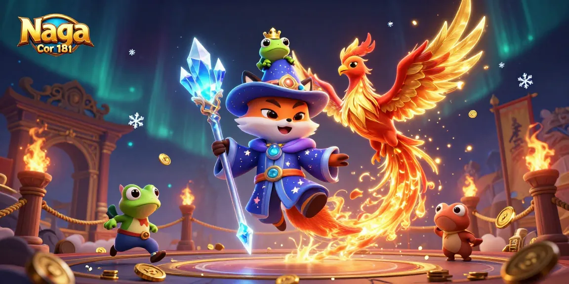 Naga Cor 181 showcases a vibrant 3D wizard fox, phoenix, and frog amid dynamic gambling elements.