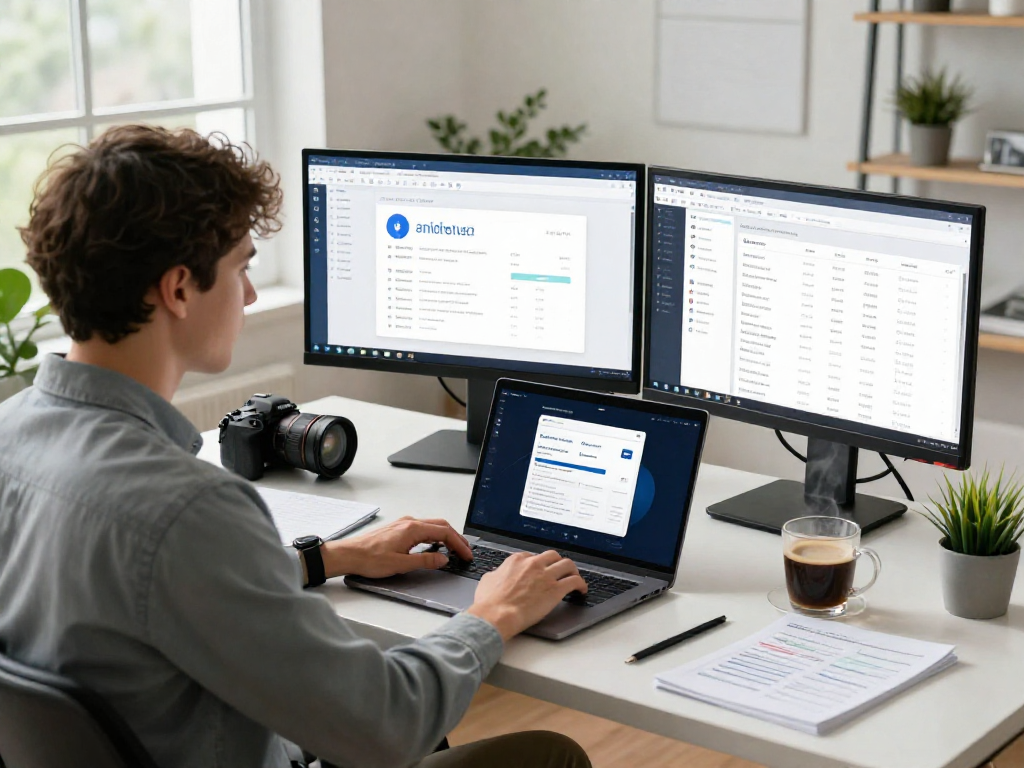 Focused professional managing multiple accounts with an antidetect browser in a modern home office.