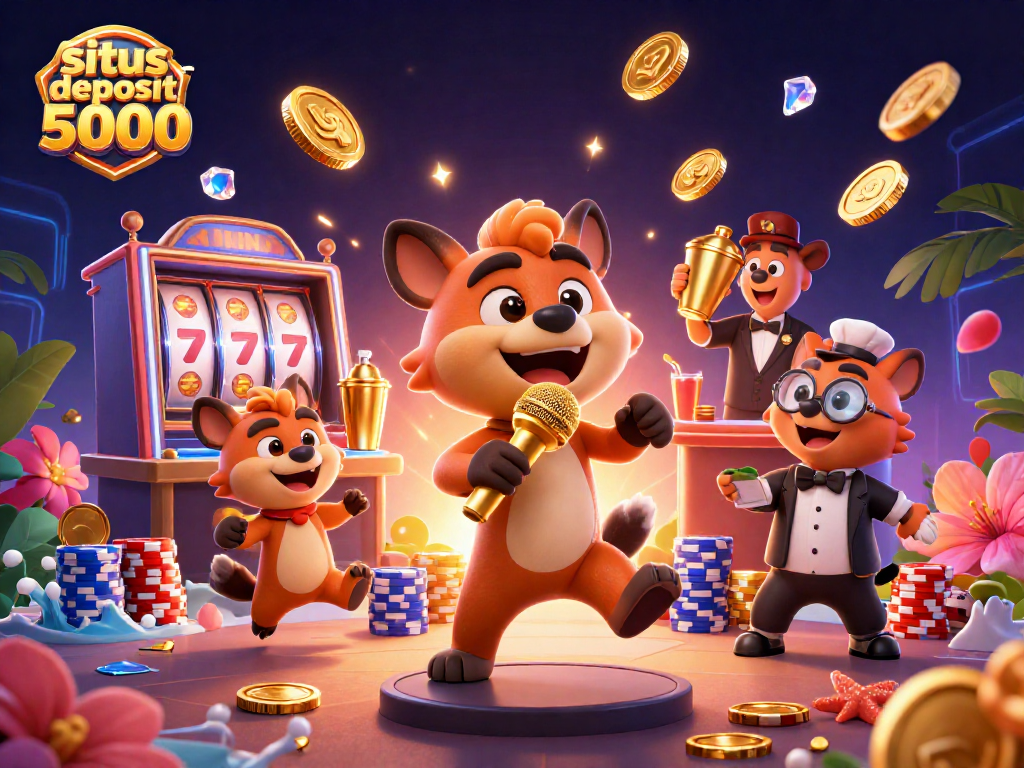 Experience thrilling gameplay at situs deposit 5000 with dynamic slot machine reels and lively hyenas in a vibrant casino.