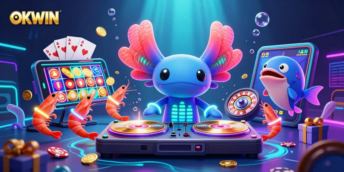 OKWIN showcases a vibrant underwater casino scene with a neon axolotl DJ and dynamic gambling elements.