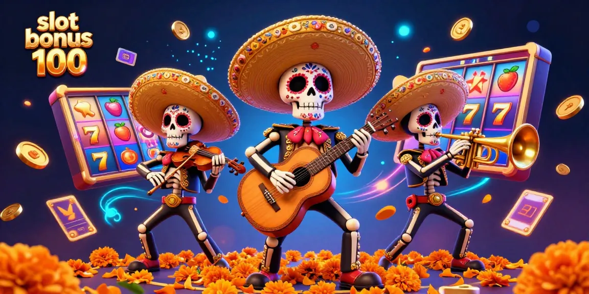 Experience the thrill of slot bonus 100 with vibrant Dia de los Muertos mariachi band in a glamorous casino scene.