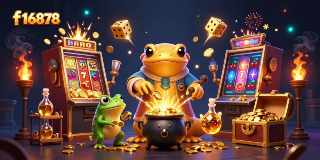 Experience the thrill of winning at f16878 with vibrant casino game elements and alchemical magic.