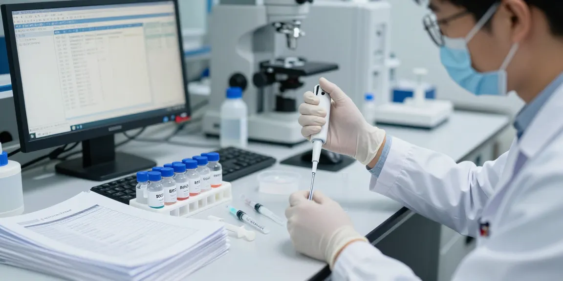 Scientist preparing multi-vial peptide kits in a professional lab environment.