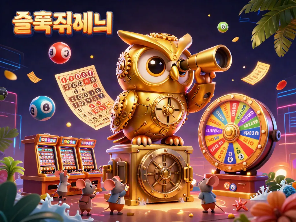 Engage with the vibrant 슬롯사이트 experience, featuring a clockwork owl and animated scenes of excitement.
