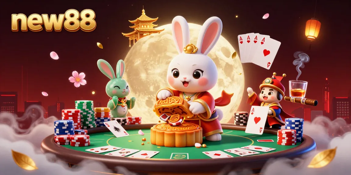 Experience the thrill of new88 as the moon rabbit creates golden mooncakes filled with poker chips in a vibrant casino atmosphere.