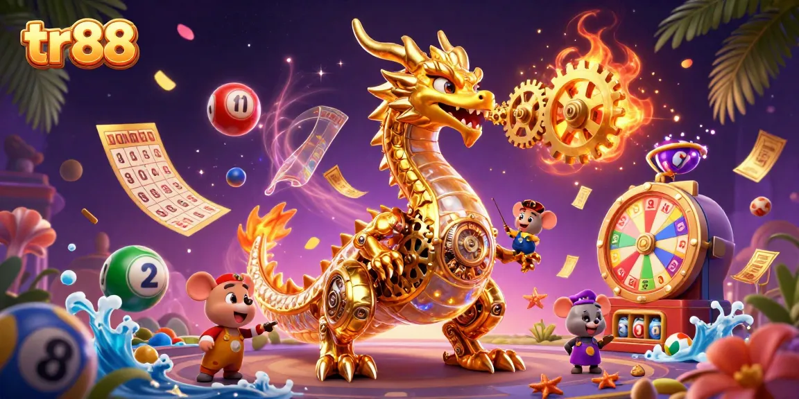 Experience tr88's exciting features with vibrant elements of online gambling in a whimsical illustration.