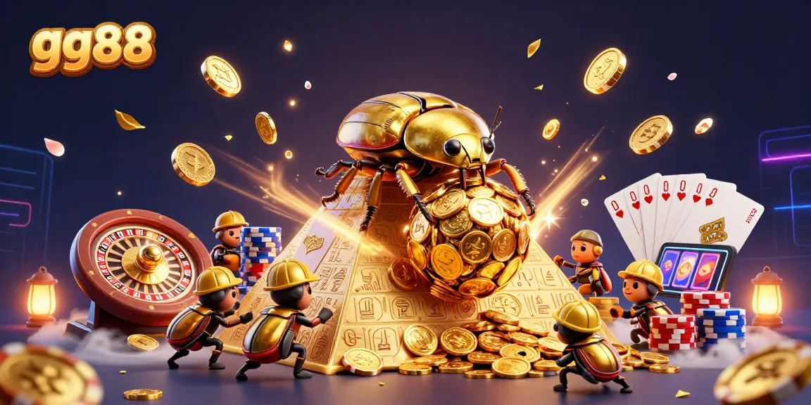 Experience excitement with gg88's golden beetle rolling coins in a vibrant casino scene.