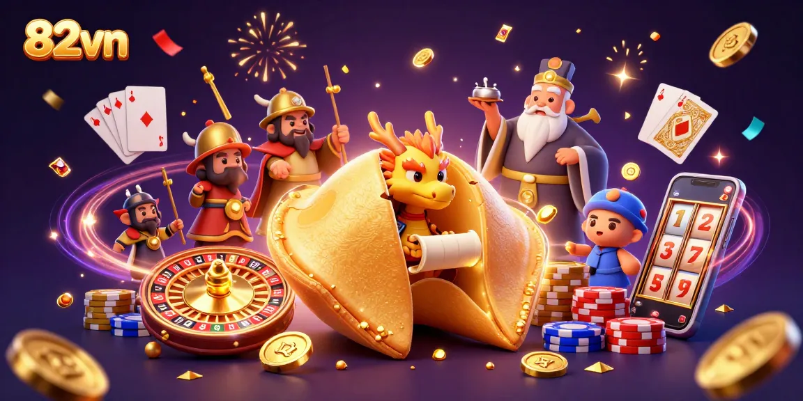 Experience exciting gaming action at 82vn with vibrant casino elements and golden treasures.