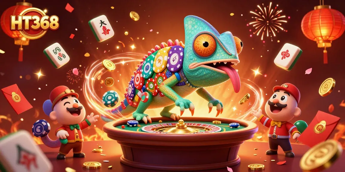HT368 casino features a vibrant chameleon owner amidst golden coins and festive elements.