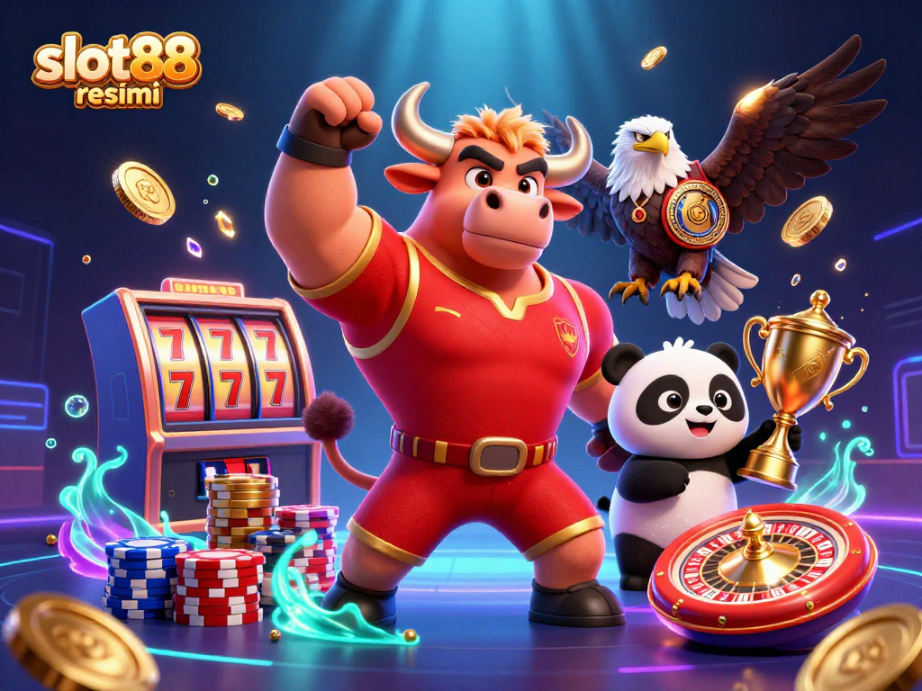 Experience the excitement of slot88 resmi with dynamic gaming elements, featuring a victorious bull mascot, eagle, and trophy.