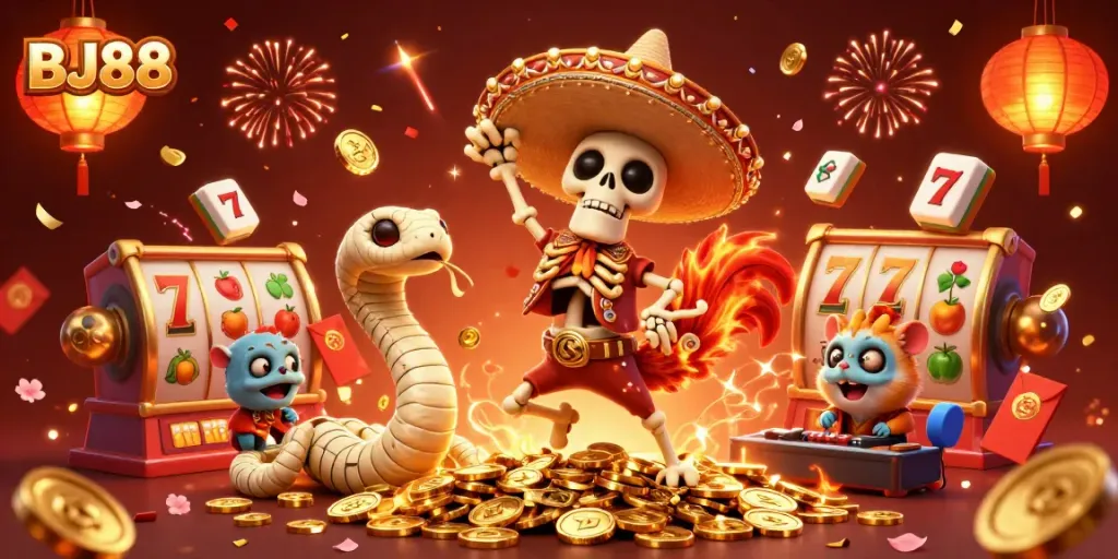 Engage with BJ88 slots through a vibrant 3D illustration showcasing festive casino excitement and energy.