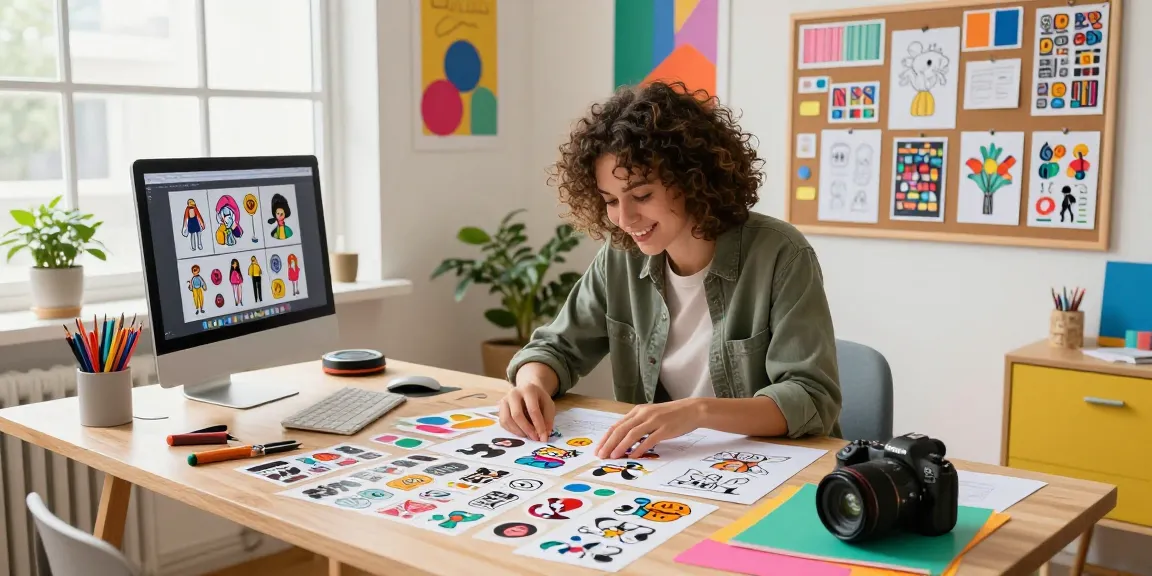 Creative workspace showcasing custom stickers in vibrant designs and tools.