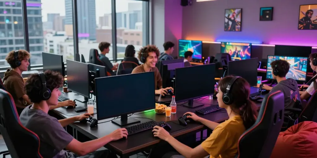 Friends enjoying a fun gaming session using rokok88 link login in a vibrant setting.